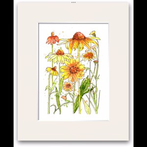 May include: Watercolour painting of a bouquet of yellow and orange flowers with green stems and leaves. The flowers have a watercolour splatter effect around them.