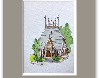 Original Watercolor Painting of Playhouse, Watercolor and Pen House Portrait, Lucy Haskells playhouse, Original Pen and Wash, House Sketch,