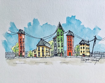 Watercolor Colorful Houses Print, Cityscape Pen and Wash, Tall Skinny Buildings Painting, Streetscape Watercolor