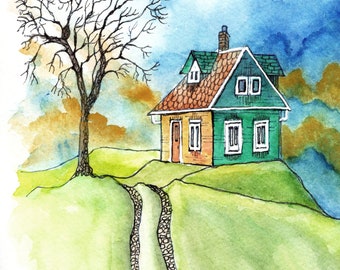 Colorful House on Hill Watercolor Print,  Stunning Bright Watercolor House Print, Watercolor Landscape with Bold Colors