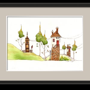 Grillige stadsgezicht aquarel print, leuke kunstprint, schattig kunstlandschap, huizen en puntige bomen print afbeelding 3