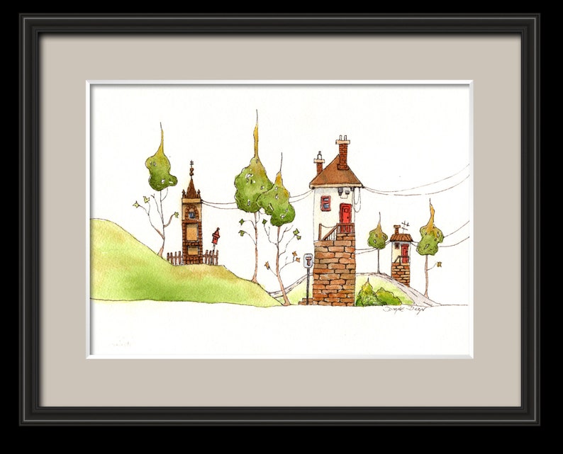 Grillige stadsgezicht aquarel print, leuke kunstprint, schattig kunstlandschap, huizen en puntige bomen print afbeelding 3