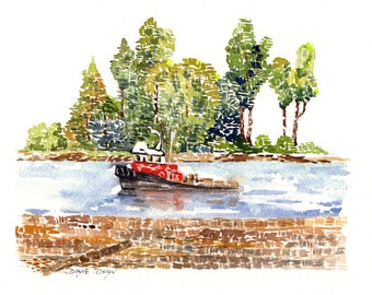 Tugboat Watercolor Print, Watercolor Riverboat, River Art Print, Boat Scene, Watercolor Landscape