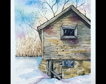 Watercolor Art Print, Watercolor Barn Landscape, Snow Scene Watercolor, Barn in Snow, Pen and Wash Snow, Large Art Print