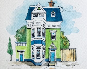 Original Watercolor Painting, Victorian House Painting, Cityscape Painting, Urban Sketch Painting, Pen and Wash Painting