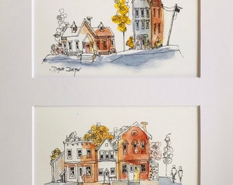 Two Print Art Set in Mat, Double Art Print of Urban Sketches and Watercolor, Pen and Wash Art Set, Cityscape Art Set