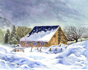 Aquarel schuur sneeuwscène print, aquarel sneeuwlandschap, oude schuur Art Print, prachtige sneeuw schilderij print