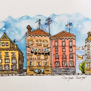 Watercolor Print of Cityscape Houses, Incudes White Mat, Pen and Wash Print and Mat image 1