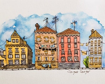 Watercolor Print of Cityscape Houses, Incudes White Mat, Pen and Wash Print and Mat