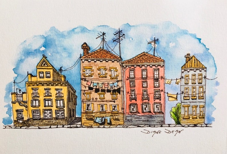 Watercolor Print of Cityscape Houses, Incudes White Mat, Pen and Wash Print and Mat image 1