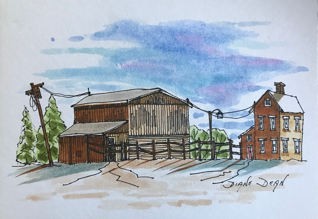 Original Watercolor Painting, Pen and Ink Painting, Farm Painting, Barn ...