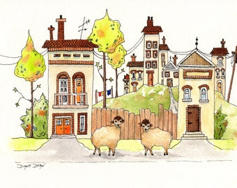 Grillige originele aquarel schilderij van stad met schapen, aquarel stadsgezicht, pen en was schilderij van stad, schapen aquarel