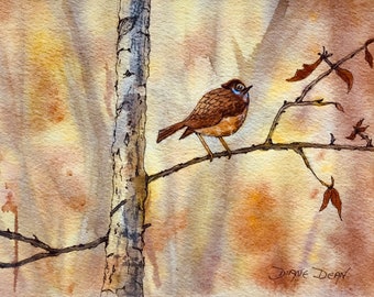 Art Print van Aquarel en Inkt schilderij, Vogel op Tak, Herfst Gebladerte Print, Aquarel Vogel Print, Herfst Landschap