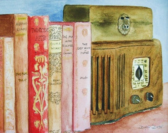 Books PRINT Art, Books, Radio, from original WATERCOLOR Painting--Dumas Books