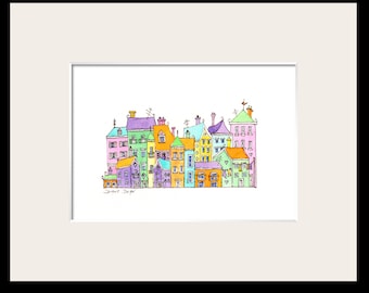 Original Watercolor City Painting, Colorful Watercolor Houses, Watercolor Cityscape, Bright Colorful Watercolor Painting