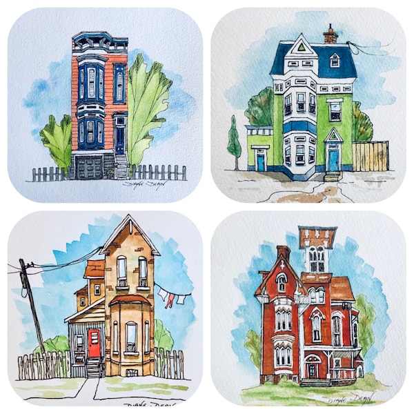 Art Print Set, Watercolor Cityscapes, Painted Houses, Print Set of 4, 5 x 7 Art Prints