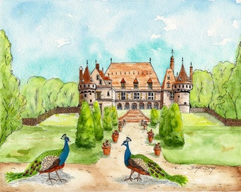 Acuarela Art Print Castillo, French Chateau Print, Mesnieres, Acuarela Paisaje Pavos reales, Paisaje francés