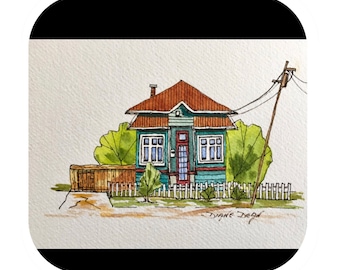 Aquarel Bungalow /inkt en aquarel afdrukken