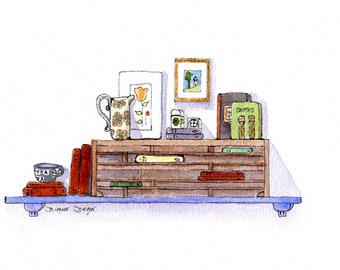 Adorable Pen and Wash Art Print, Ink and Watercolor Print of Shelf full of Fun Items, Books Print, Pitcher Print, Blue Shelf Print