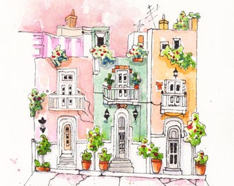Square Original Watercolor Painting Including Mat,  Pink & Aqua Buildings, City Scene