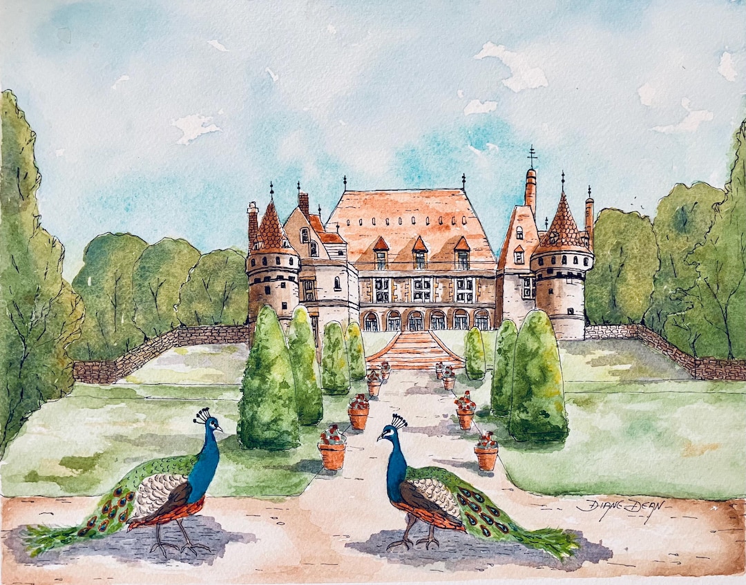 Original Watercolor Painting: French Chateau With Peacocks (9x12