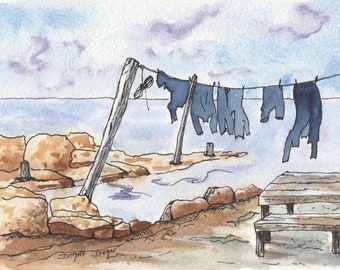 Scottish Summer Art Print, Laundry Hanging Out to Dry Print, Pen and Wash Landscape Art Print