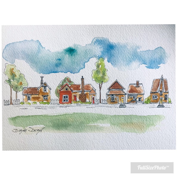 Aquarell Stadtbild Druck, Aquarell Kunstdruck, Häuser in Aquarell und Tinte, Kleinstadt USA, Urban Skizze der Straße, Aquarell Landschaft