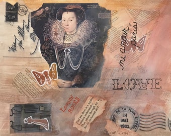 40% KORTING OP DE UITVERKOOP!  Collage in Mixed Media, Frans en Engels Thema, Elizabeth I eremeisje