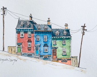 Pen- en wasprint, St. John's, de beroemde Jelly Bean Row van Newfoundland