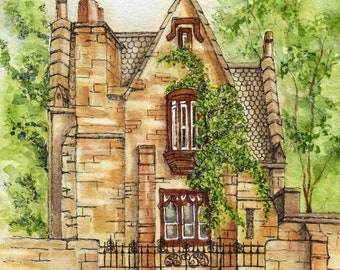 Stone House aquarel Art Print, Peñ en Wash architectuur, huis portret Art Decor, huis schilderij afdrukken