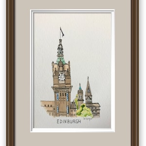 Ink and Watercolor Art Print Edinburgh, Balmoral Hotel Scotland Print, Pen and Wash Scottish Art Print, Ink Illustration
