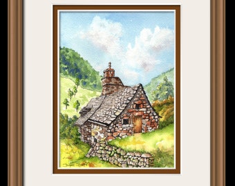 Watercolor Print of Stone Cottage, French Cabin, Stone Wall Art Print, Watercolor Landscape Print