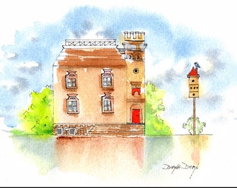 Pen and Wash House Print, Cityscape House, House and Birdhouse Painting, Urban Sketch Art Print