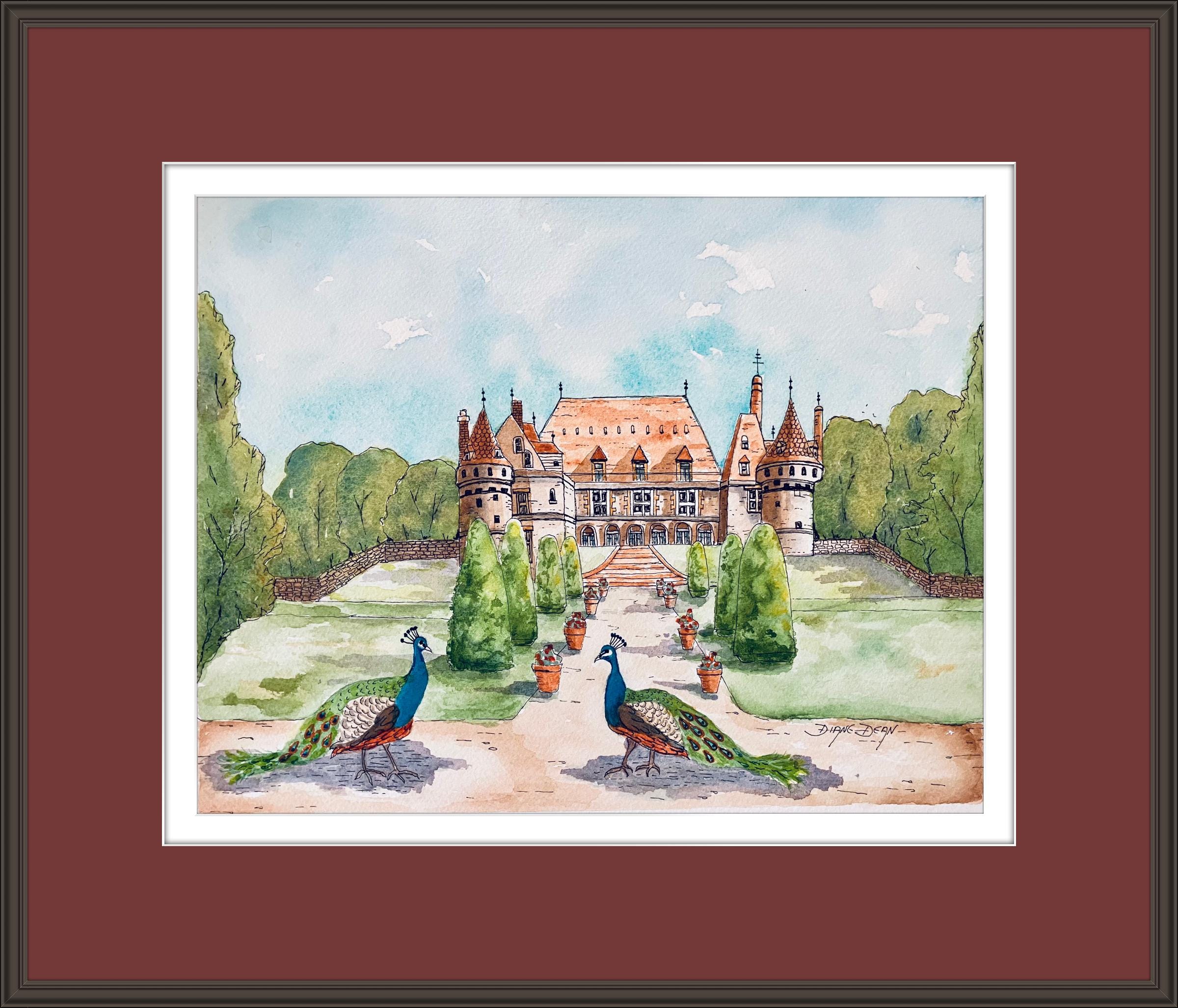 Original Watercolor Painting: French Chateau With Peacocks (9x12