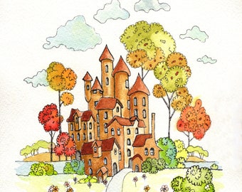 Tower Town Print voor kinderkamer, Art Nouveau landschap, kleurrijke kinderposter, grillige kunstprint, kinderkamer kunst aan de muur