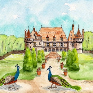 Original Watercolor Painting of French Chateau, Mesnieres, Watercolor Landscape Peacocks, French Landscape