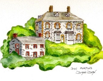 Aquarel Art Print van Doc Martins Surgery, uit televisieseries, Port Isaac, Cornwall Print, Portwenn Painting