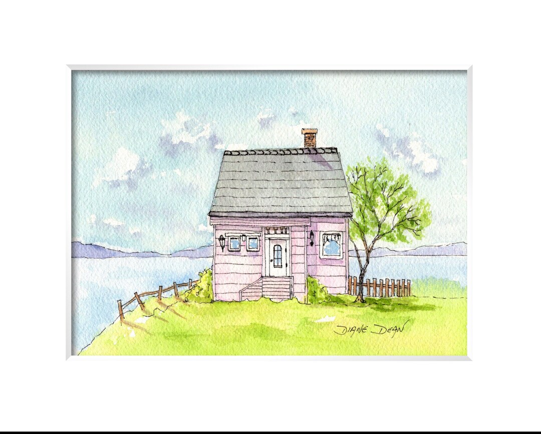 Pink Cottage Art Print: Watercolor House by the Sea - Etsy