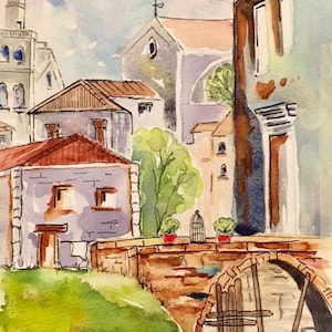 Original Watercolor Painting, Watercolor Painting of Venice, Vintage Look Painting of Italy, Pen and Wash Painting
