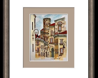 Kunstdruk, Inkt en Aquarel Stadsgezicht, Reggio Emilia, Italië Kunst, Kunstdruk Italië