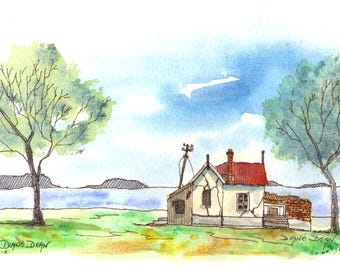 Original Watercolor Painting: Old House by the River, Wall Art