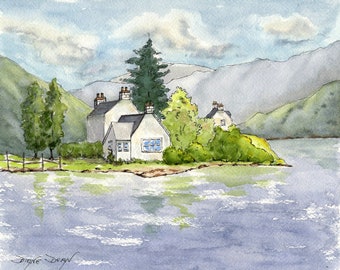 Watercolor Print Landscape Scotland, Art Print Scotland, Pen and Wash Landscape, Watercolor Seascape