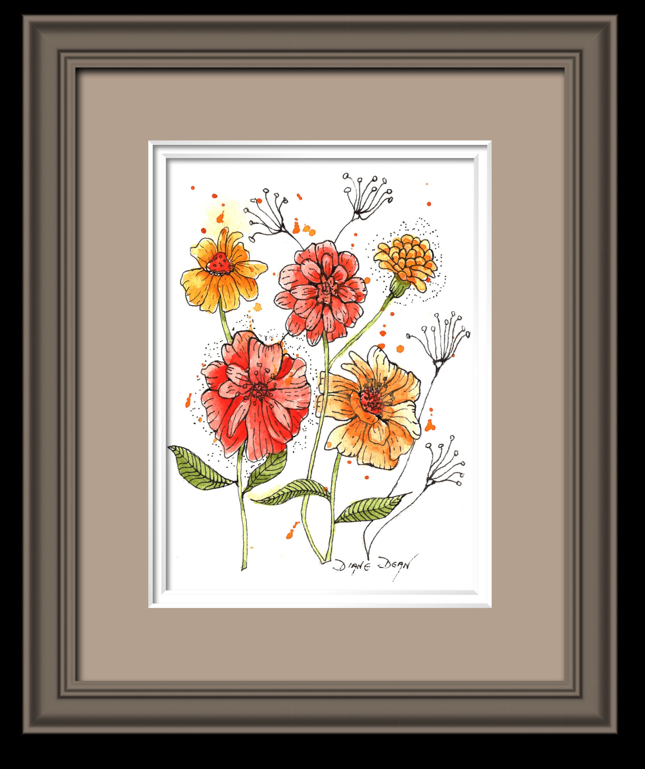 Watercolor and Ink Flower Print Orange Watercolor Floral Pen - Etsy