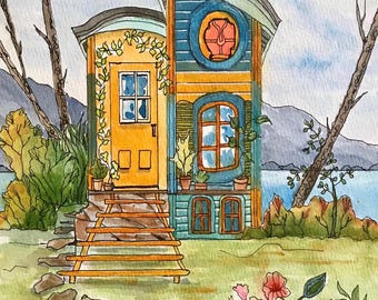 Watercolor Cottage Art Print: Whimsical House by the Sea