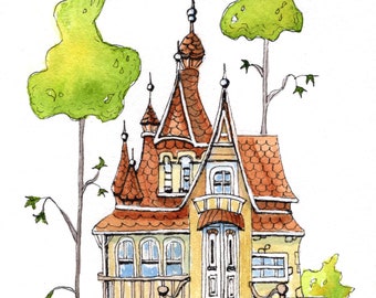 Storybook House in Pointy Tree Series Art Print, Mustard House, Pen and Wash House, Whimsical Art Print