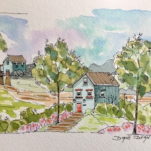 May include: Watercolour painting of a green house with a red door, surrounded by trees and bushes. The house has a brown roof and white windows. The painting is signed "Digne Degn" in the bottom right corner.