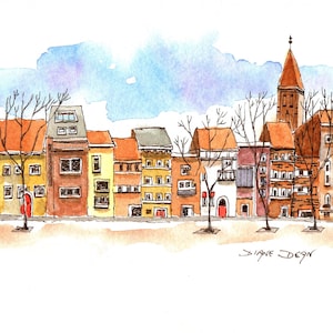 Watercolor City Street, Row Houses, Watercolor and Ink print, Cityscape print, Urban Sketch, European Street Print