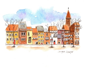 Aquarel City Street, Rijtjeshuizen, Aquarel en Inkt print, Cityscape print, Urban Sketch, Europese Street Print