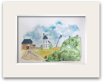 Impression aquarelle de scène de ferme : grange, maison blanche, paysage de campagne