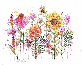 Aquarel wilde bloemen print, bloemen aquarel, losse bloem schilderij, bloem illustratie, heldere bloemen. Kunstafdruk